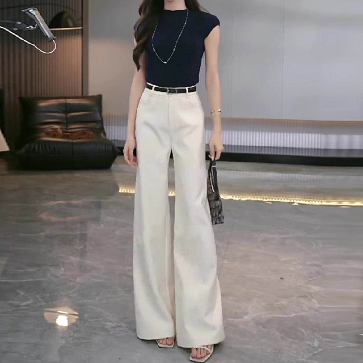 米白色休闲阔腿西装裤女2026春夏新款高级感垂感窄版显瘦直筒裤女