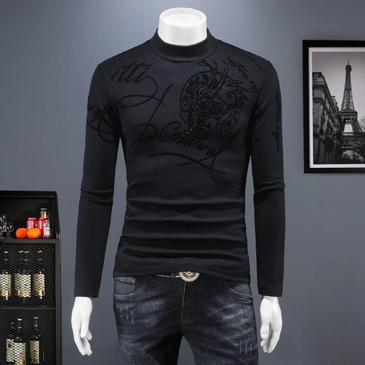 2026秋冬季半高领烫钻加绒长袖恤男修身大码印花中领打底衫加厚上