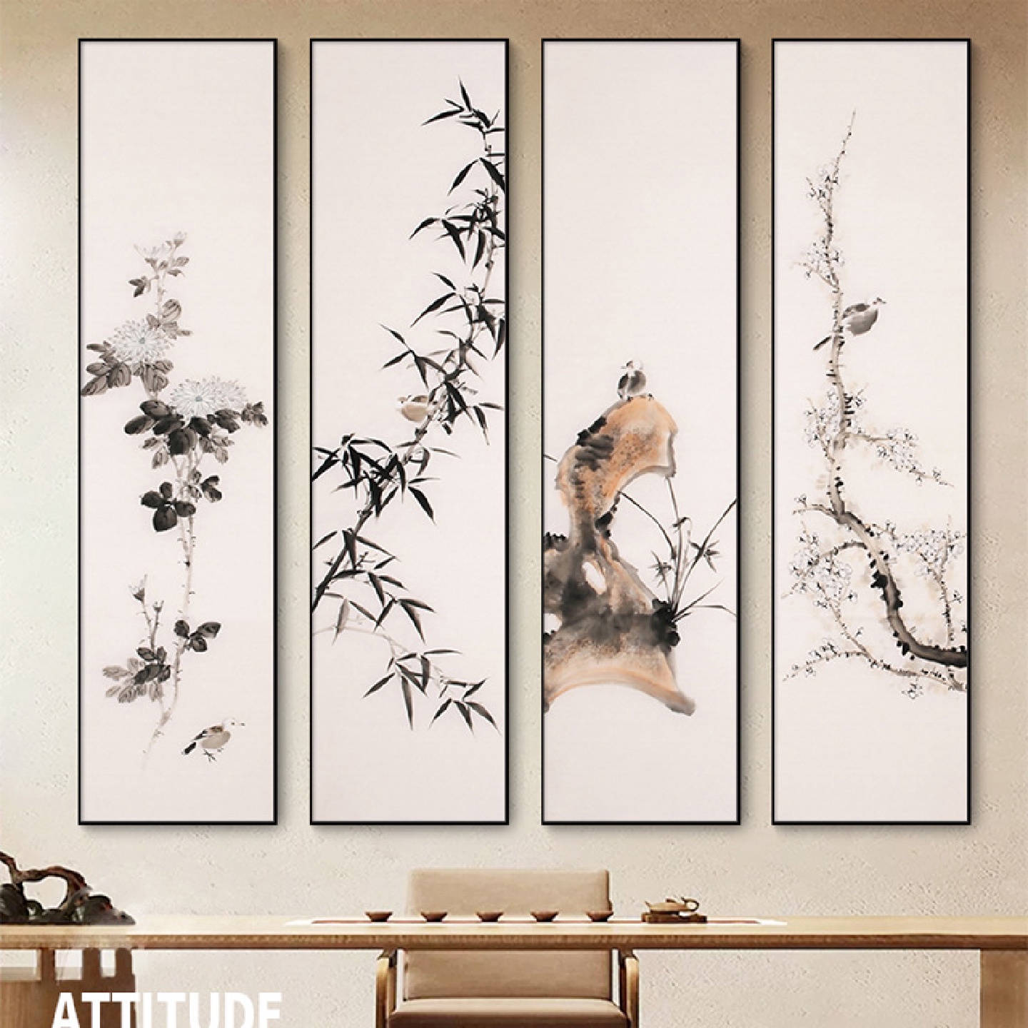 新中式梅兰竹菊客厅沙发四条屏国画挂画书房茶室装饰画四联花鸟