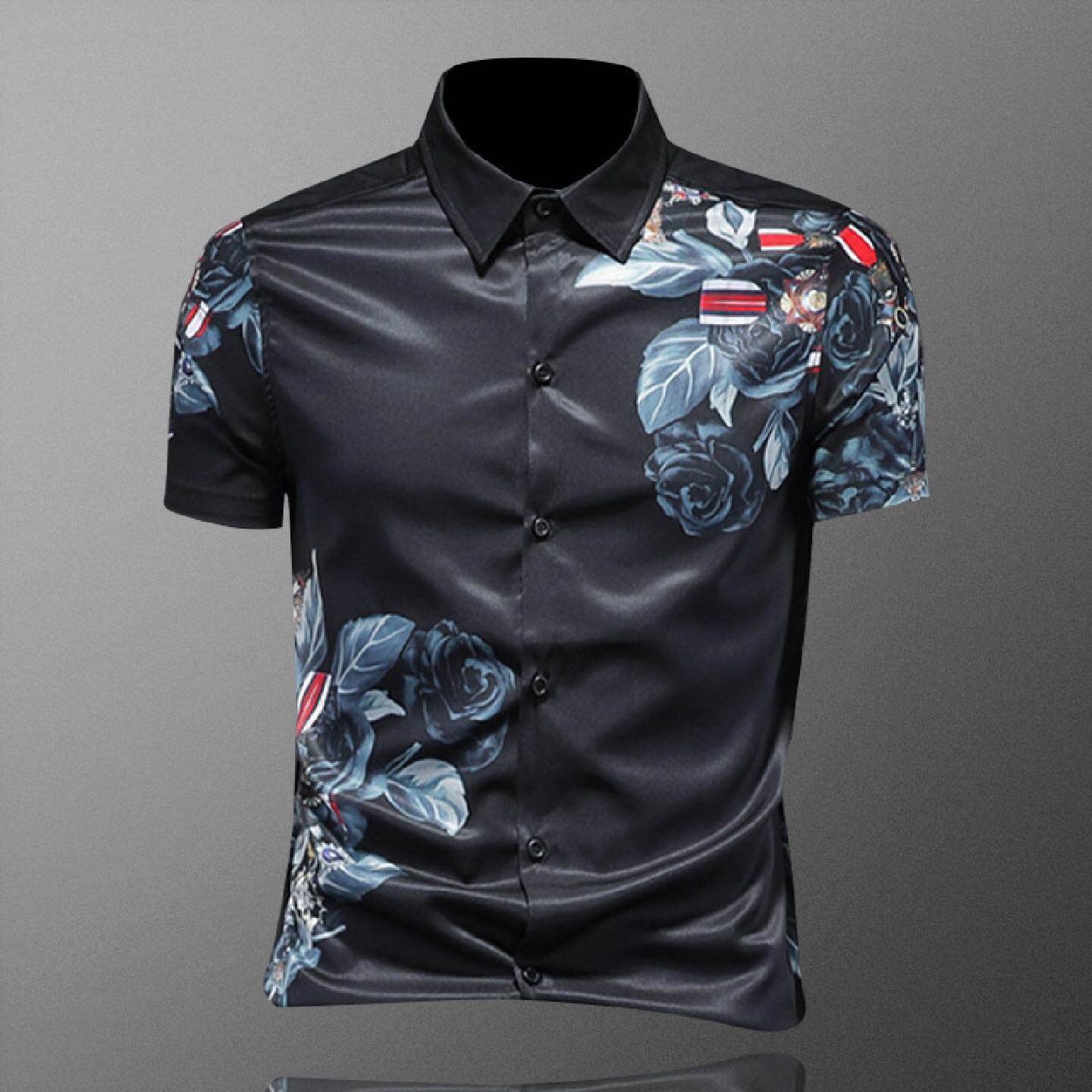 2026短袖花衬衫男士欧洲站夏季新款韩版潮流修身休闲印花衬衣打底