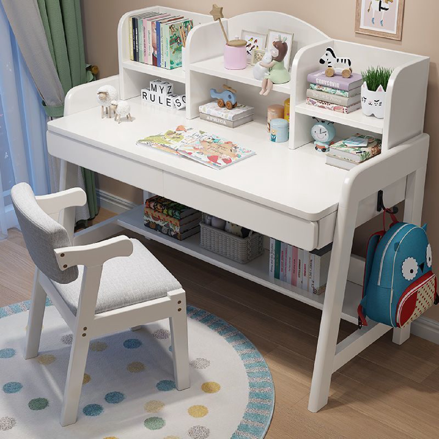 升降实木书桌带书架一体家用初中生学习桌小学生卧室儿童写字桌椅