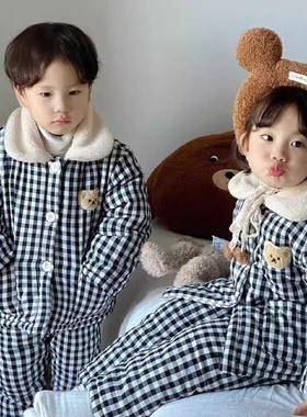 儿童三层夹棉卡通家居服韩版冬款男女童加绒加厚睡衣宝宝保暖套装