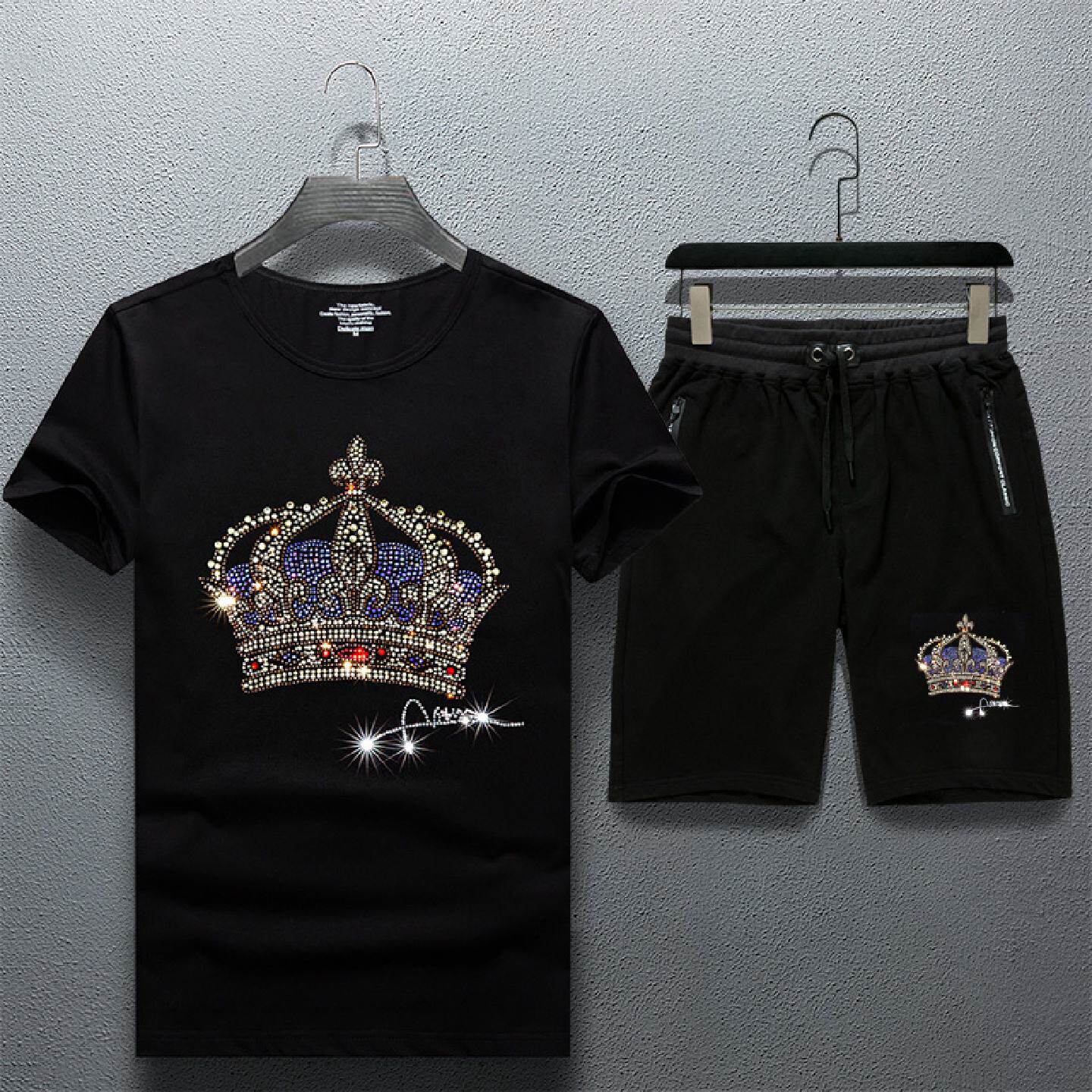 2026轻奢休闲男套装春夏季烫钻短袖运动中年衣服潮流夏款潮