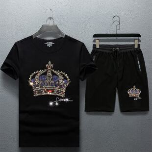 2026轻奢休闲男套装春夏季烫钻短袖运动中年衣服潮流夏款潮