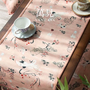 VANCASA栖霞凌羽法式中国风桌旗云漫粉仙鹤水墨茶几餐桌布高级感