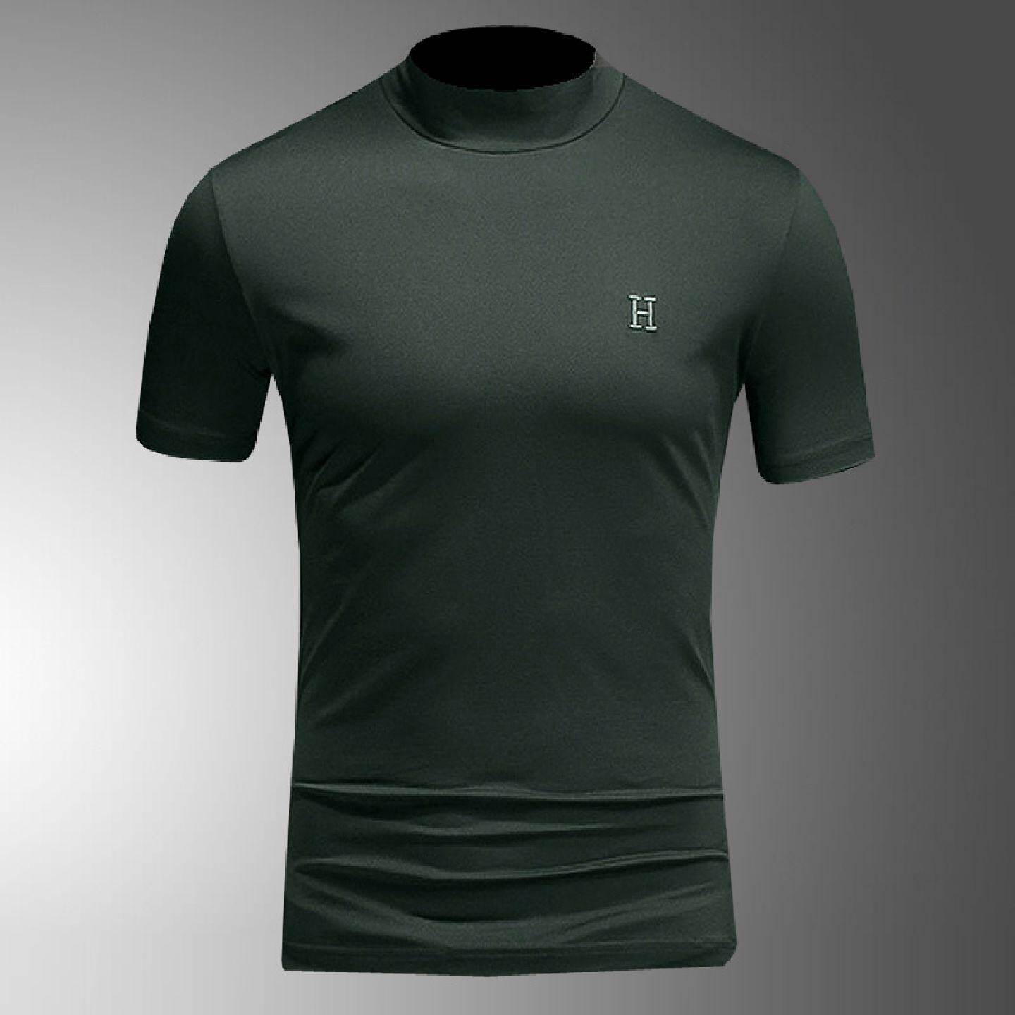 半高领短袖恤男装秋冬薄绒中领半袖打底衫丝光棉修身大尺码恤衫潮