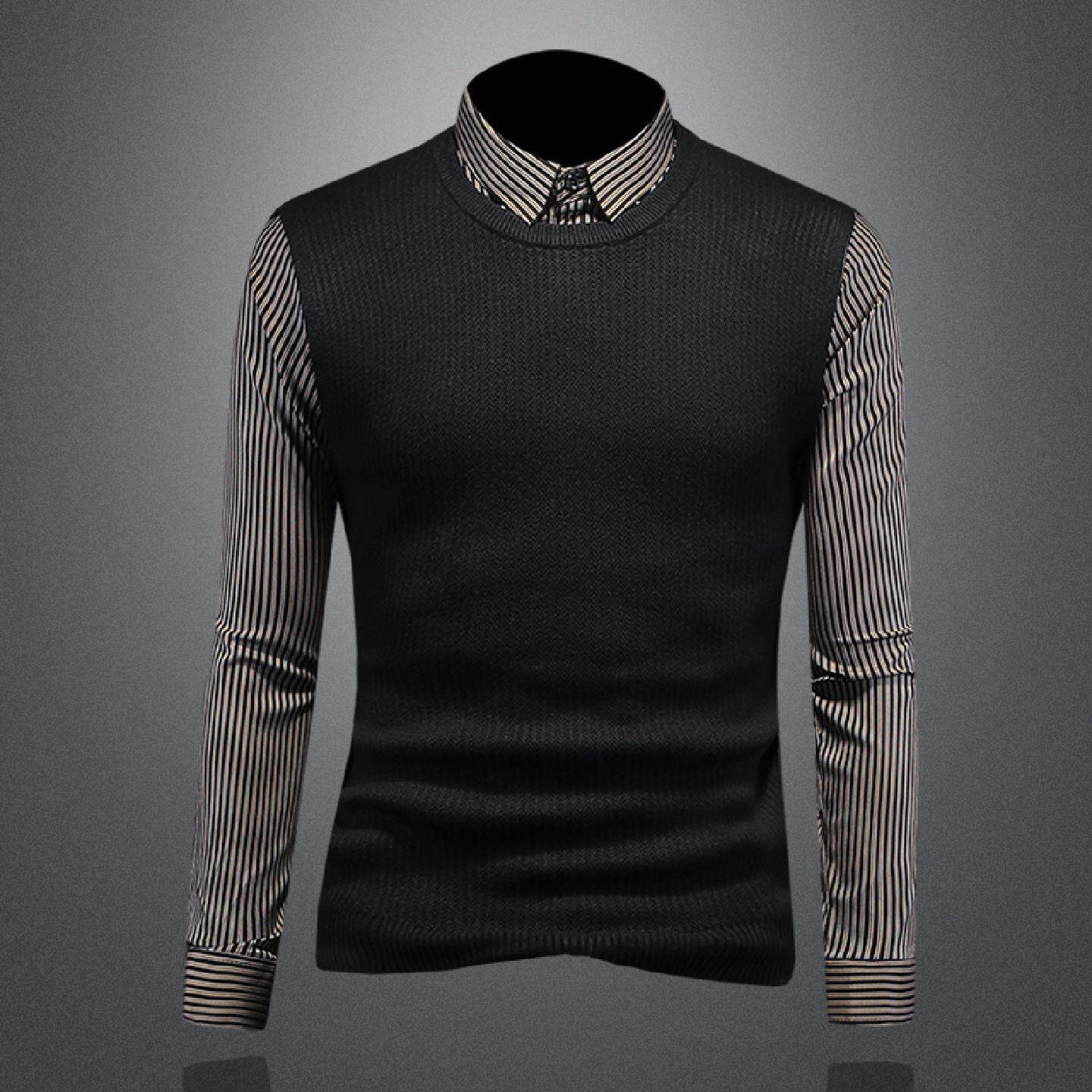 条纹衬衫男士长袖秋季新款修身假两件内搭上衣拼接打底衬衣潮潮男