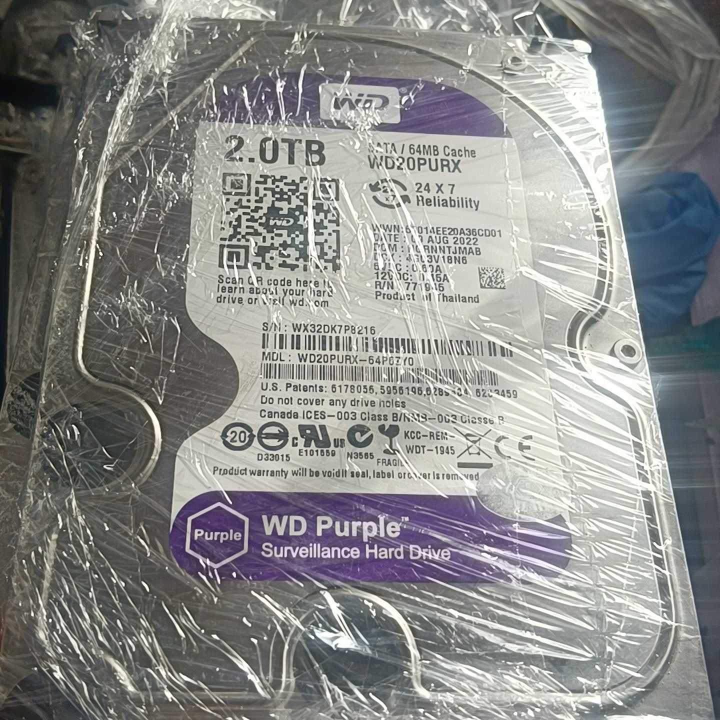 西数2T紫盘监控硬盘，型号WD20PURX，泰国原厂生产，S--议价商品