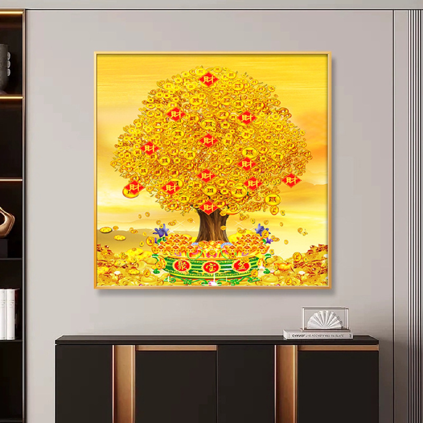新中式聚宝盆正方形装饰画发财树玄关客厅走廊装饰挂画挂墙上壁画图片