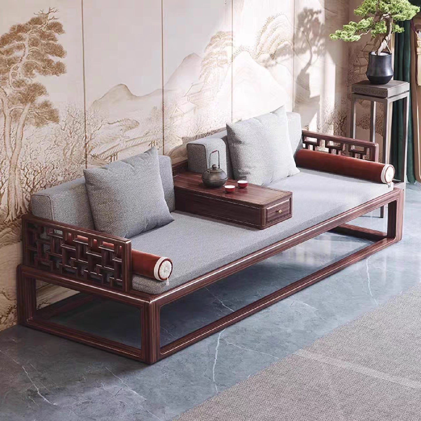 新中式罗汉床乌金木实木伸缩两用沙发床禅意客厅家用贵妃榻罗汉床