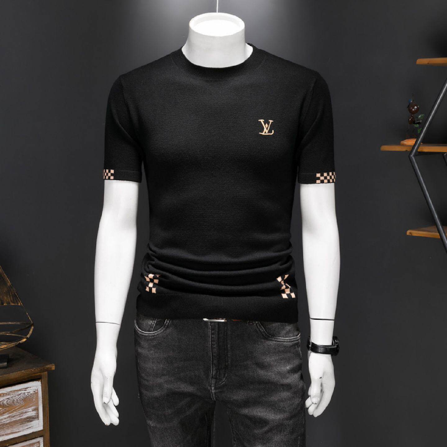 春装欧洲站男士短袖羊毛衫个性针织衫字母刺绣套头圆领打底衫毛衣