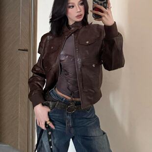 美式复古皮衣外套女短款2025春秋新款高级休闲棕色机车独特皮夹克