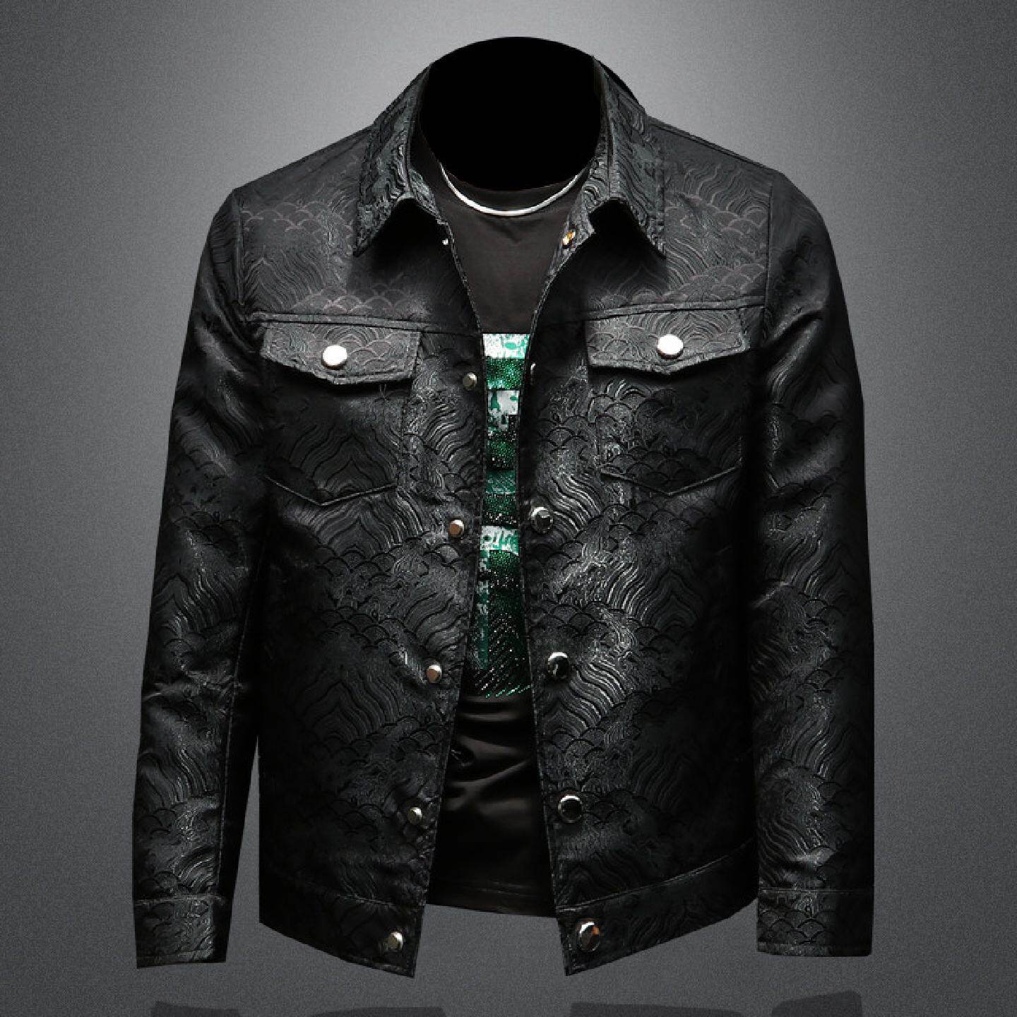 2026欧洲站轻奢翻领夹克男士春秋季新款韩版潮流提花大码外套上衣