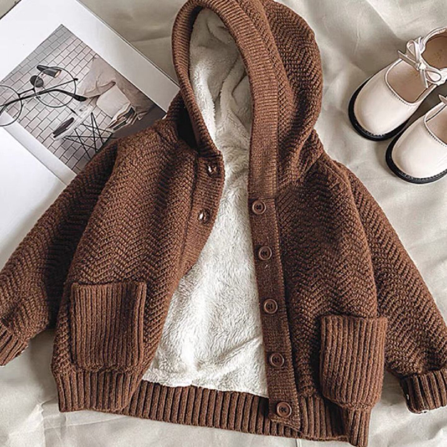 韩版女童加绒加厚连帽衫儿童针织开衫男童小童开衫婴幼儿外套