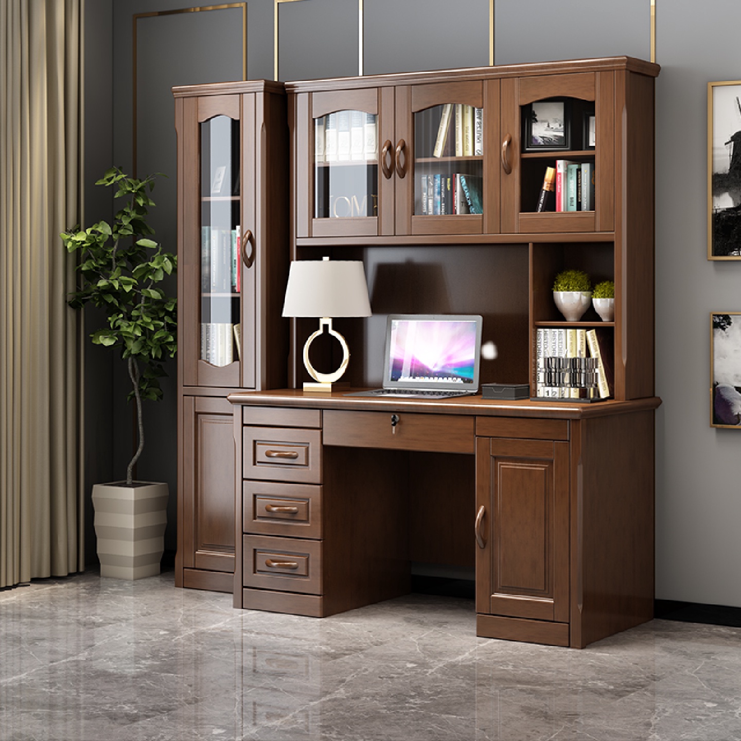 中式1.4米实木书桌书架书柜一体组合家用学习桌电脑桌卧室书桌柜