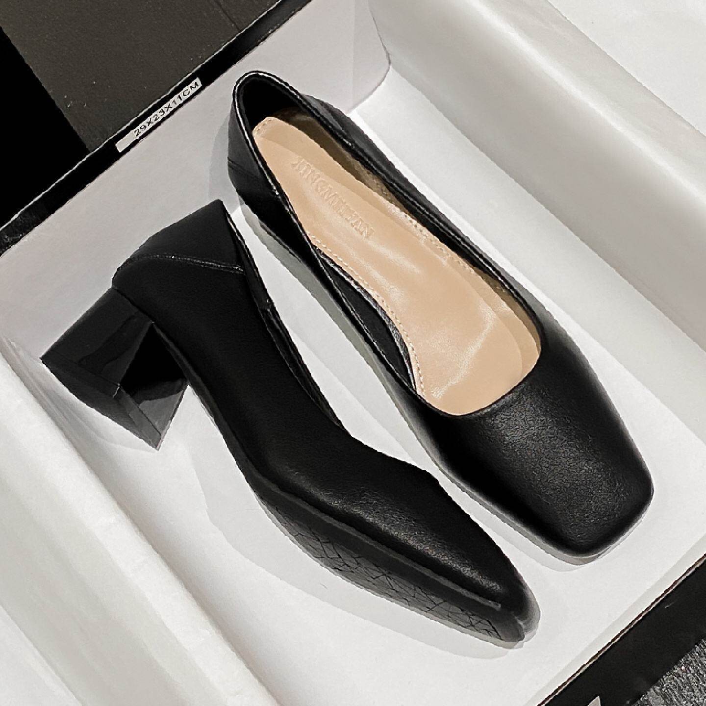 牛皮工作鞋黑色女软底上班久站不累脚粗跟职业面试方头浅口高跟鞋