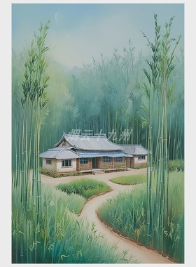 绿色竹林风景手绘油画客厅竹子建筑装饰壁画中式玄关田园风光挂画