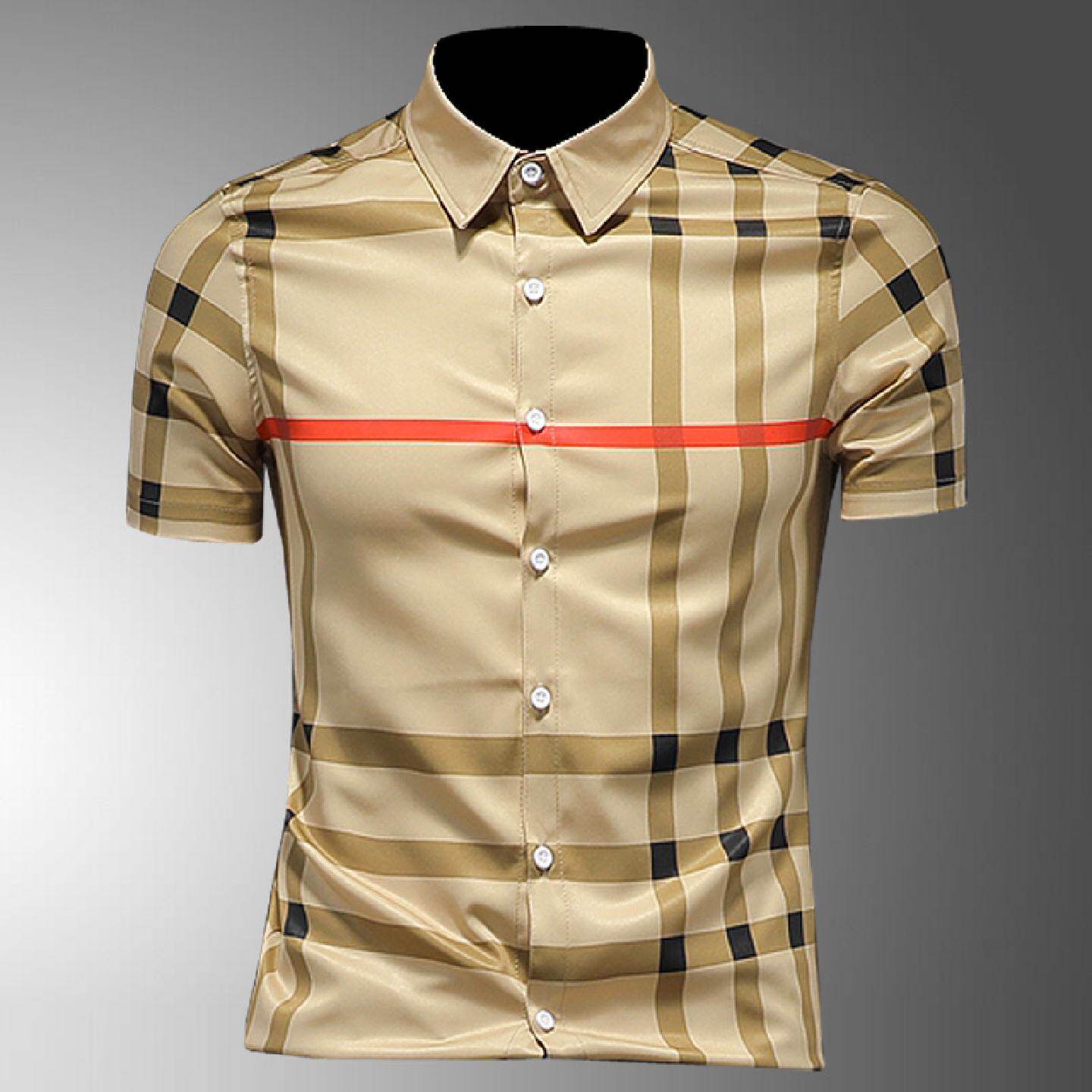 男士夏季短袖格子衬衫修身休闲条纹衬衣青年潮流方领衬衫柔亮格子