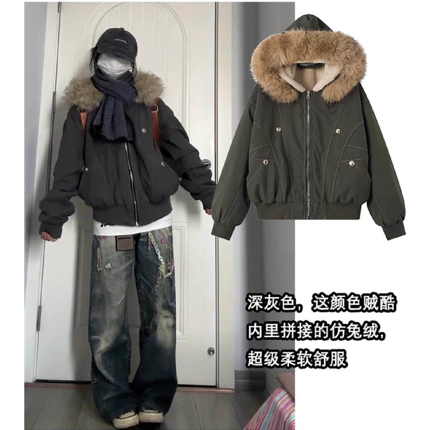 美式座山雕加厚棉服2025新款冬季工装派克棉衣加绒宽松棉袄外套女