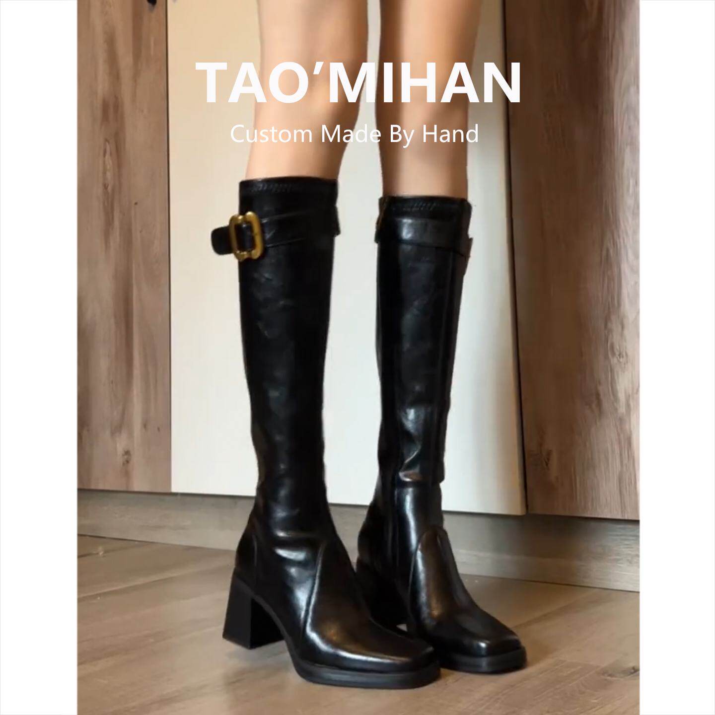 真皮粗跟长筒靴女2025秋冬季新款高筒黑色加绒高跟鞋小个子长靴子