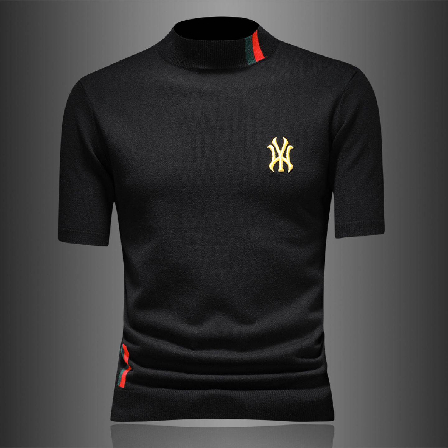 欧洲站刺绣保暖短袖毛衣男士秋冬季新款休闲半高领针织半袖羊毛衫