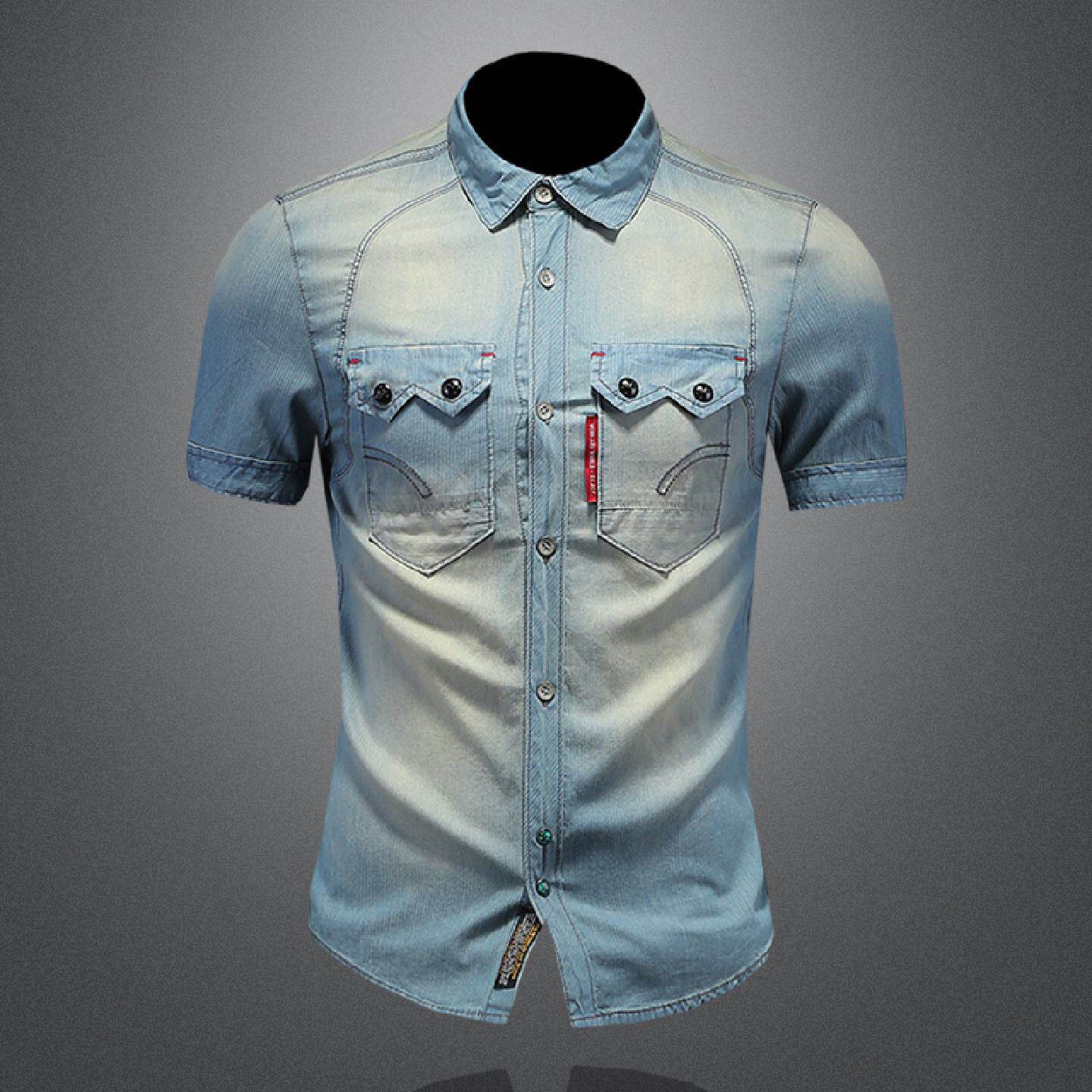 欧洲站复古牛仔短袖衬衣男翻领夏季新款水洗浅色韩版潮流休闲衬衫