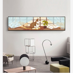 可爱动物小众温馨猫卡通装饰画卧室横版客厅儿童房间男女孩壁挂画