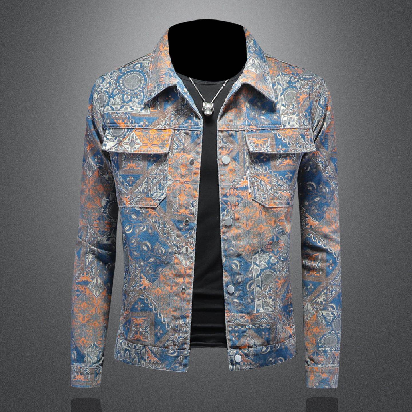 2026欧洲站复古牛仔外套男装春秋季新款韩版修身潮牌休闲提花翻领