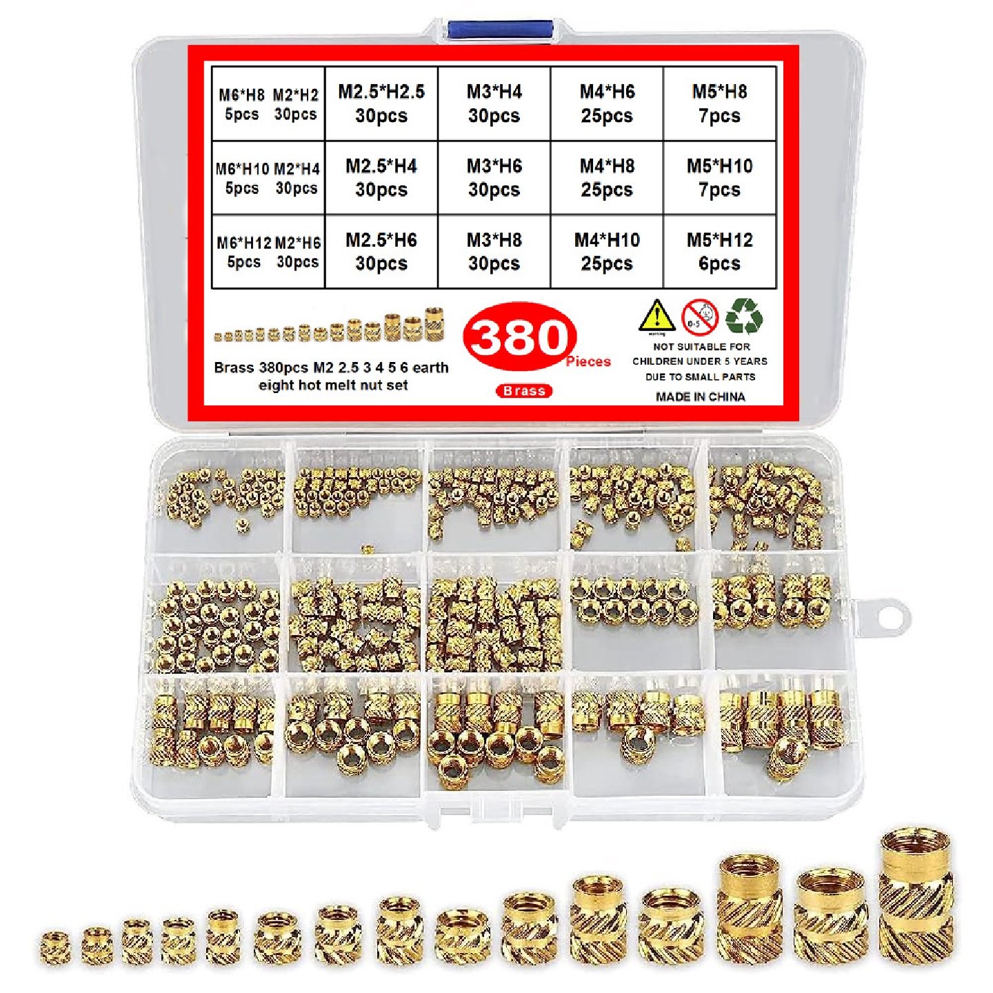380pcs公制螺纹插件M2-M6滚花土八黄铜母螺纹螺母插件分类套件
