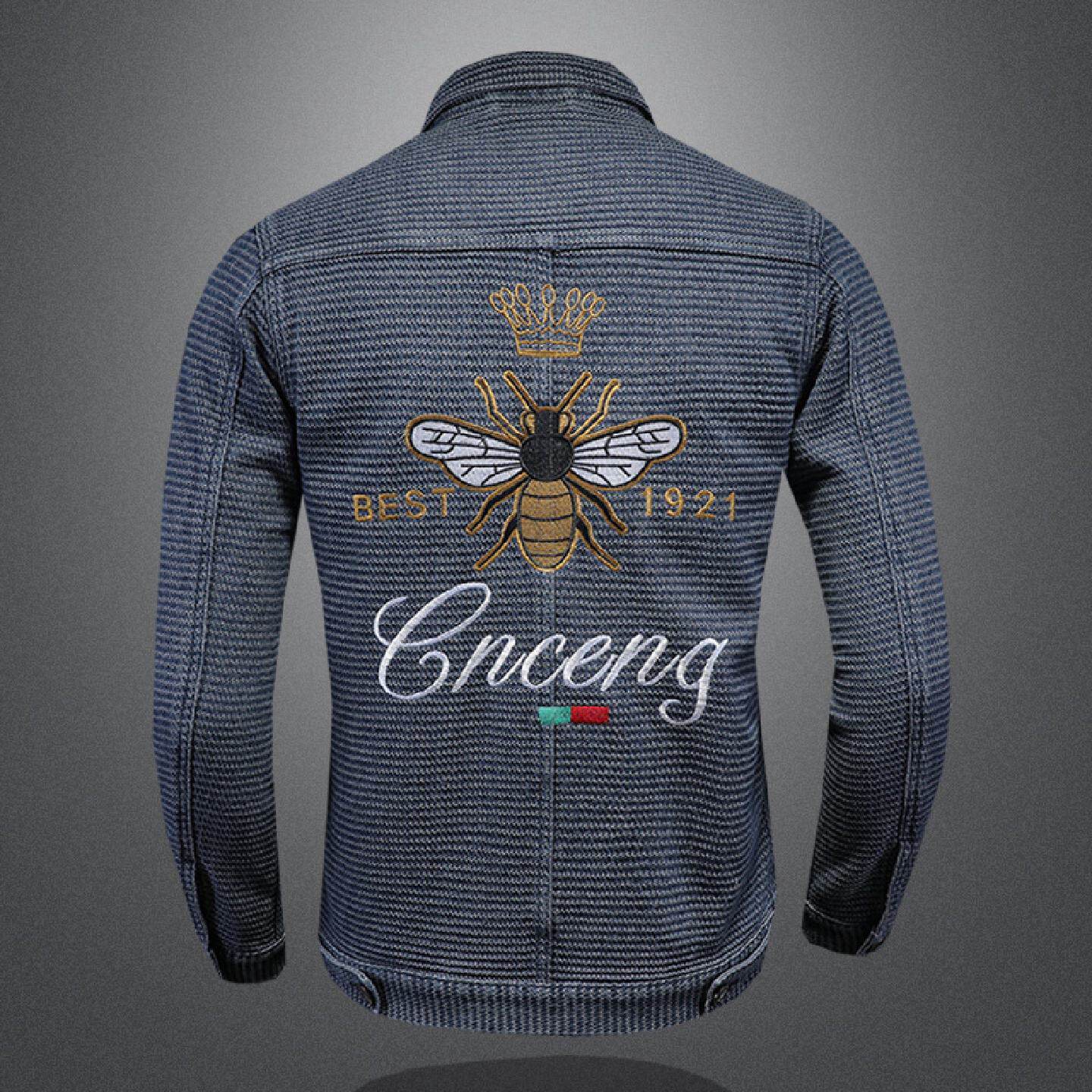 欧洲站牛仔外套男装春秋季新款休闲翻领刺绣韩版小蜜蜂复古夹克潮