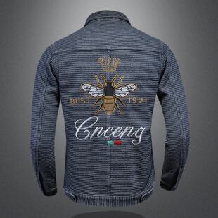 欧洲站牛仔外套男装春秋季新款休闲翻领刺绣韩版小蜜蜂复古夹克潮