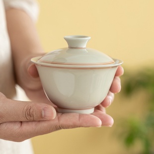 冰台手绘双线二才盖碗家用陶瓷泡茶碗釉下彩单个盖杯小高足宽口