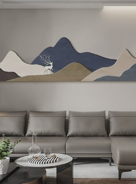 绿色山水客厅装饰画带灯麋鹿沙发油画发光挂画奶油风日照金山壁画