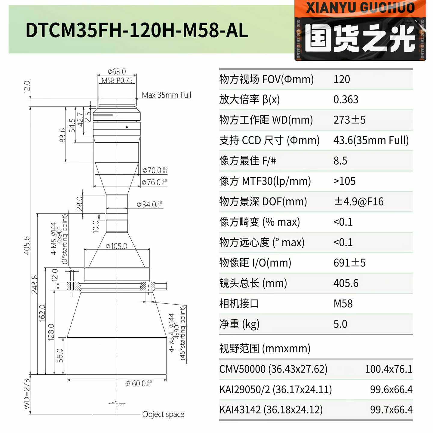 视清远心镜头DTCM35FH-120-M58-AL大靶面--议价商品