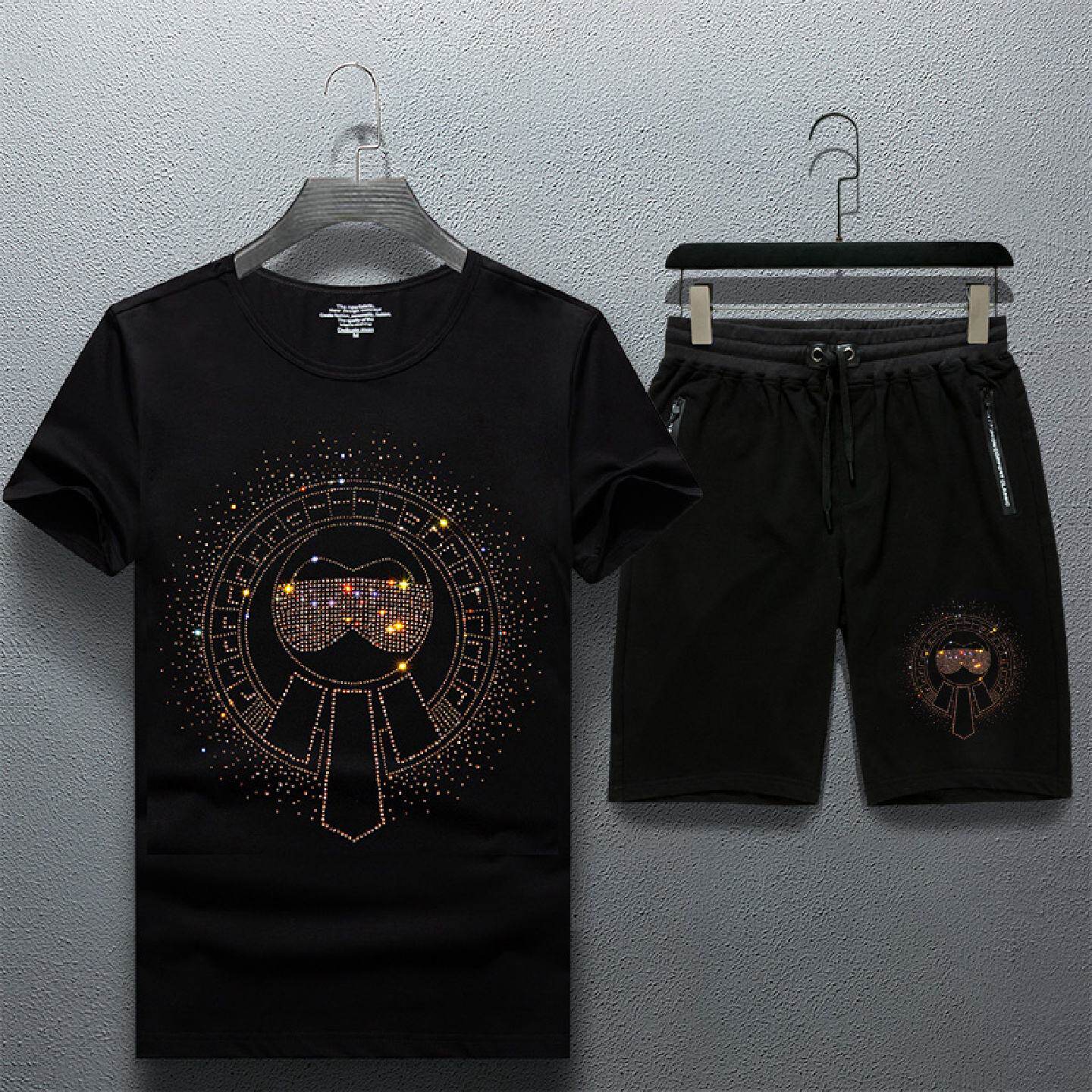 2026男士套装烫钻恤短袖潮流韩版帅气两件套洋气年帅气休闲修身潮