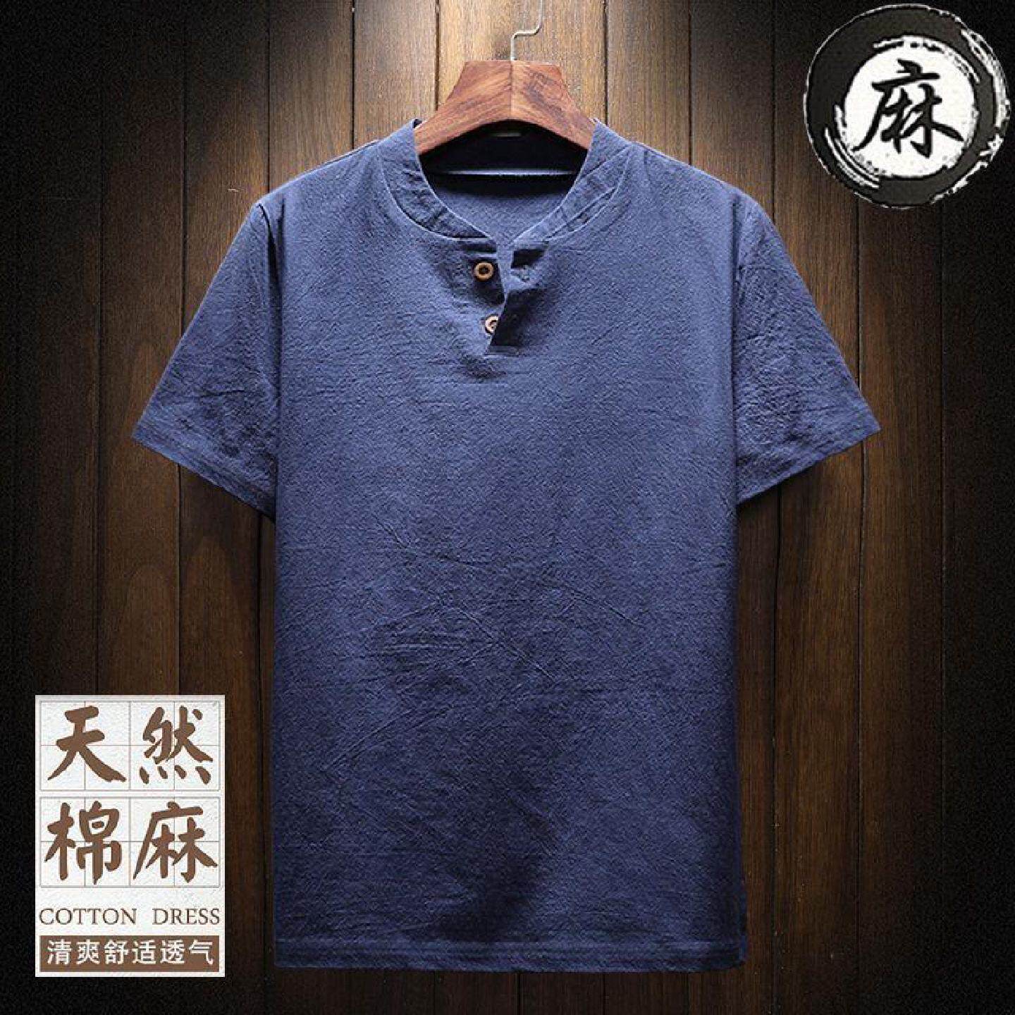 棉麻短袖t恤男上衣宽松亚麻料T血薄款胖子半袖加肥加大码男装体恤