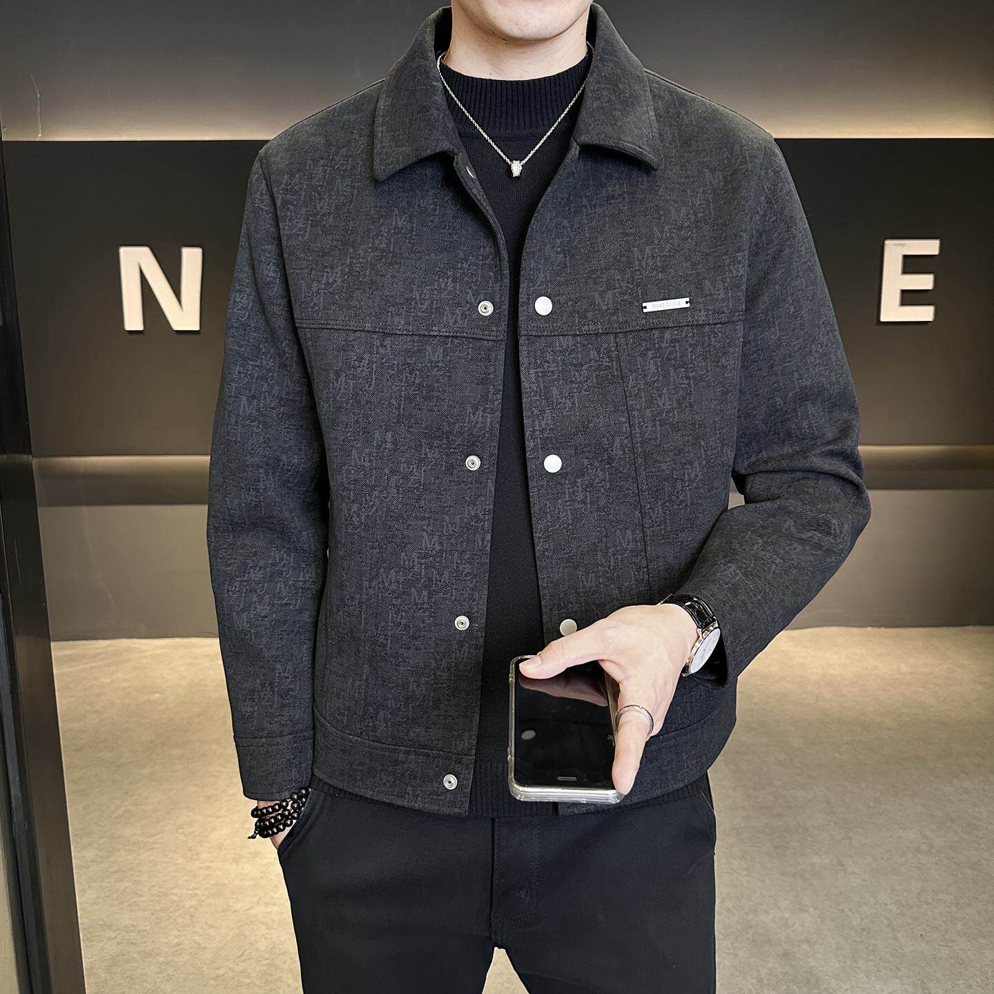2026欧洲站轻奢磨毛棉质感男士夹克秋冬季翻领百搭上衣秋装外套潮