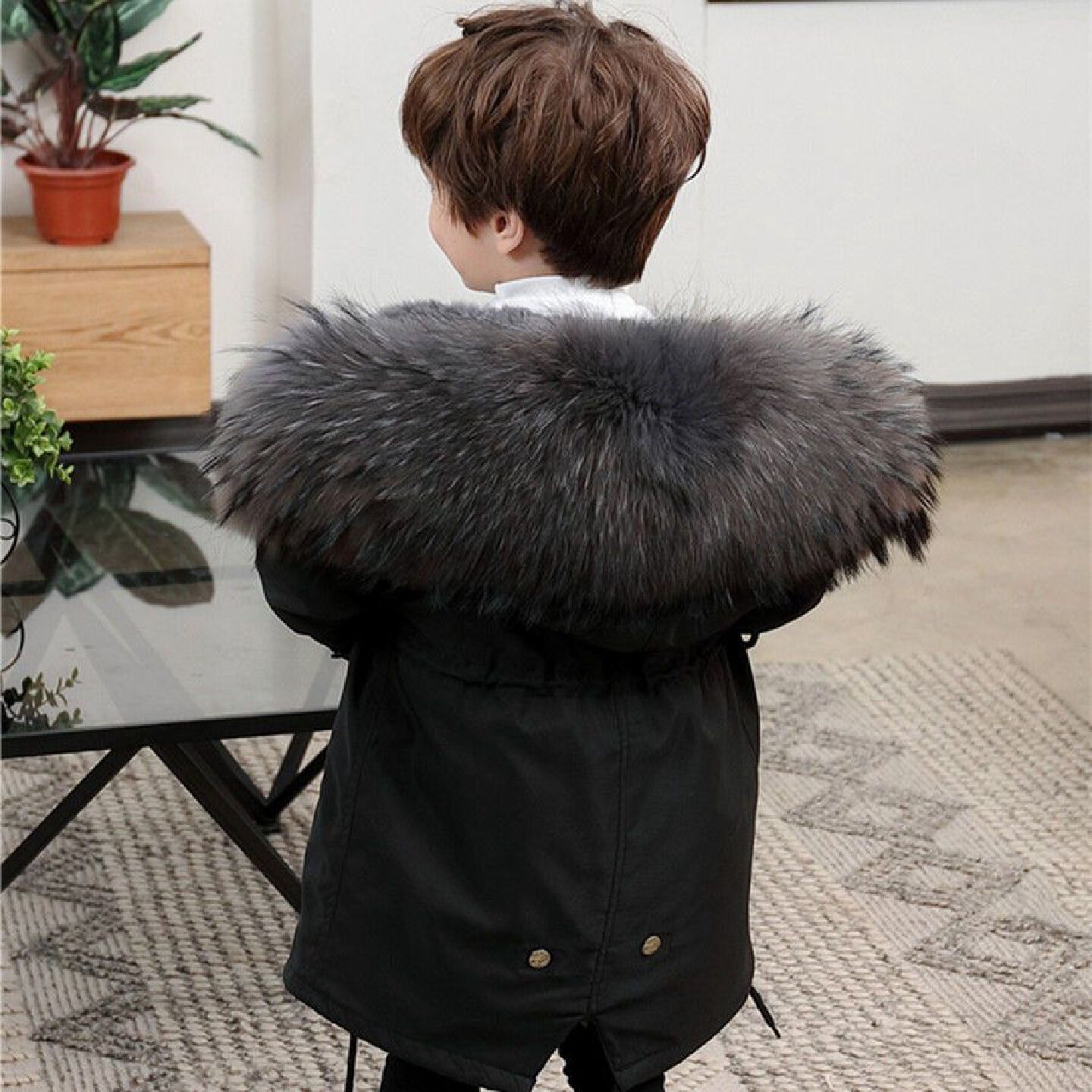 儿童派克服女童装男宝宝獭兔毛皮草外套大毛领中长款冬季超厚棉衣