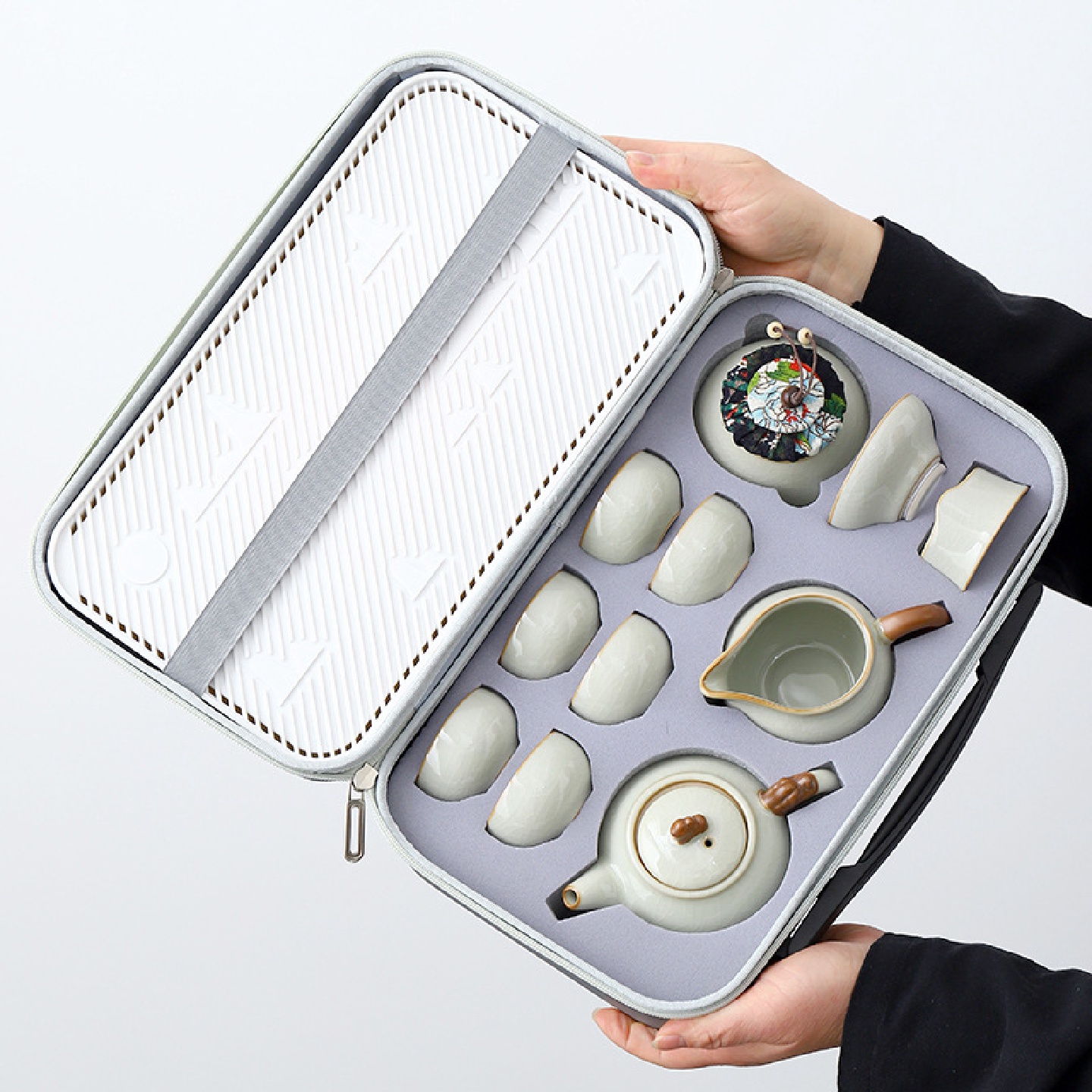 汝窑旅行茶具小套装一壶六杯便携式包户外家用露营茶具功夫泡茶壶