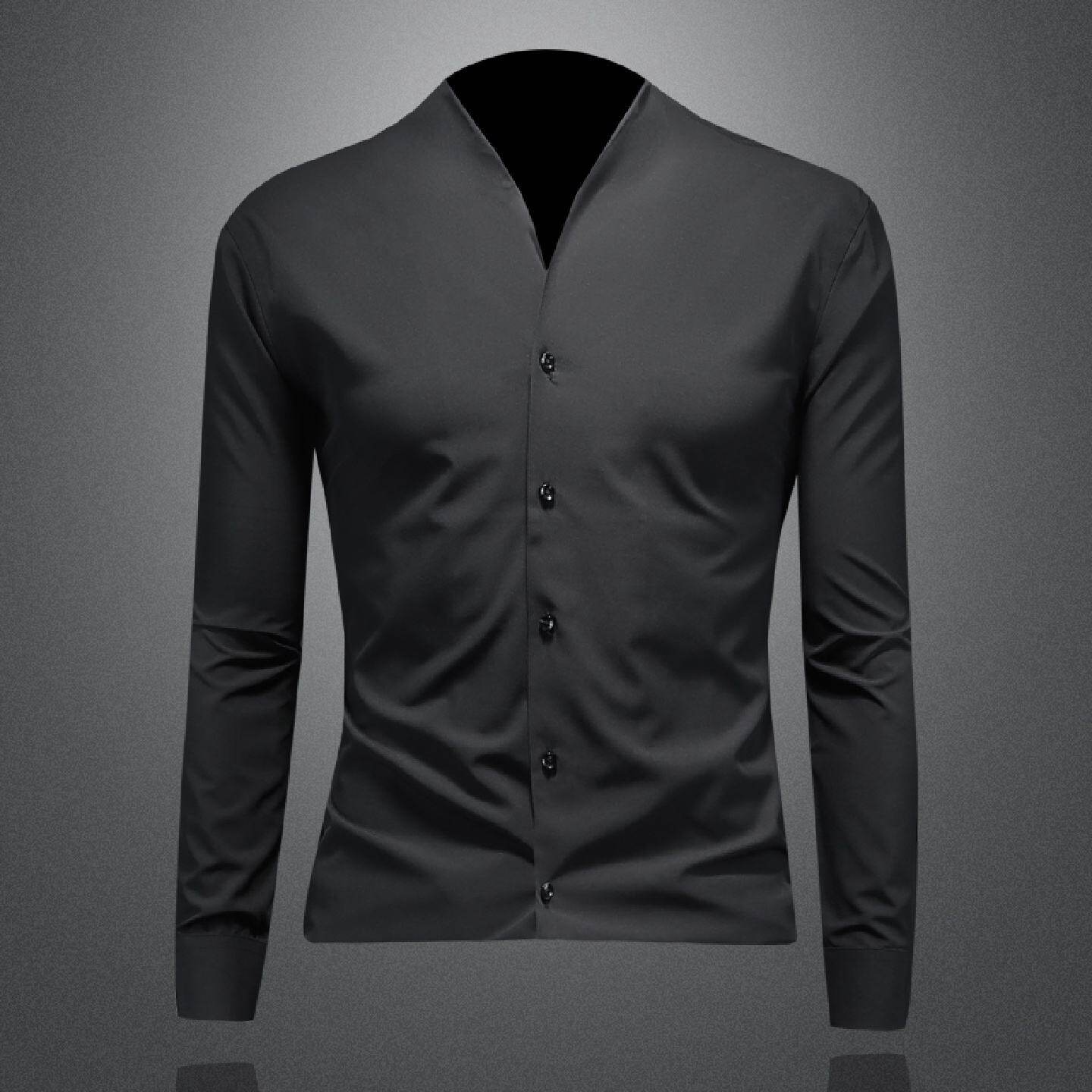 2026立领衬衫男长袖年秋季新款高级感韩版休闲修身痞帅无领衬衣潮