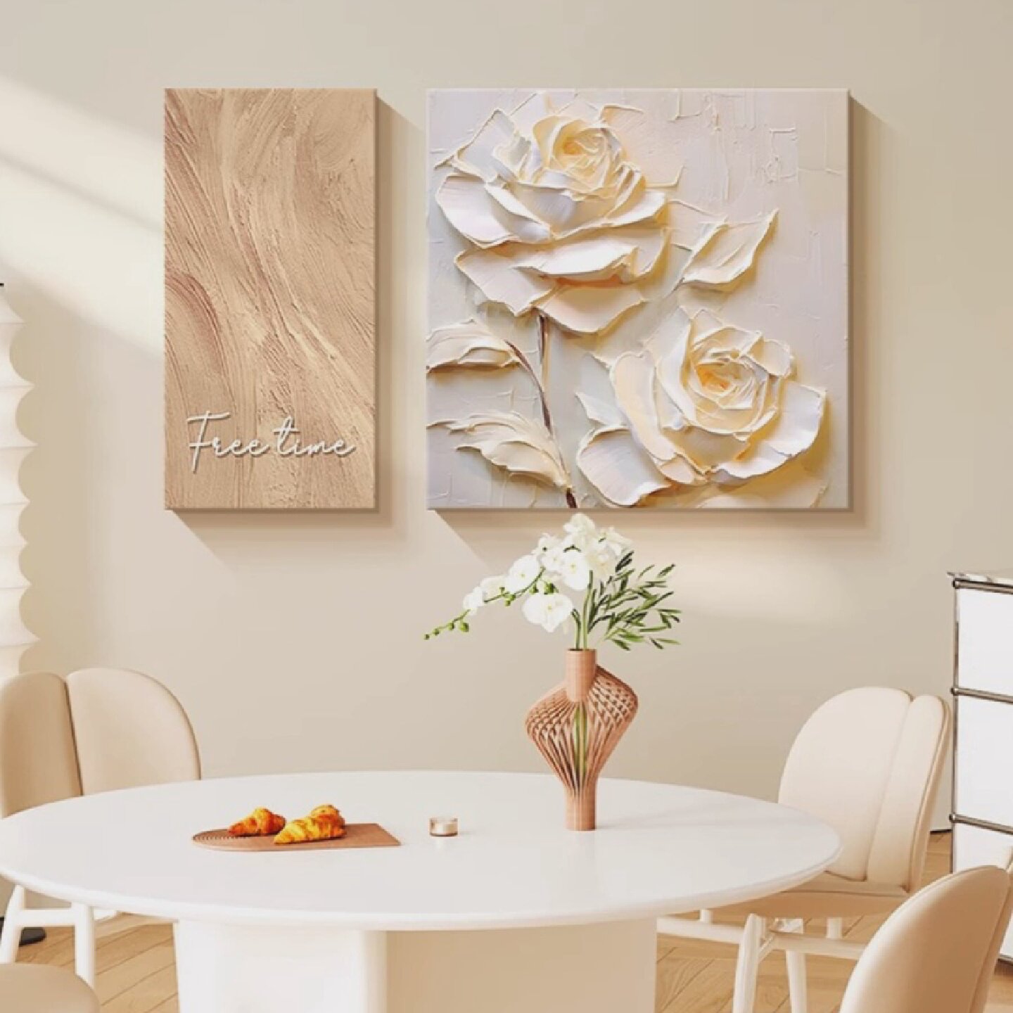 法式奶油风花卉装饰画餐厅斗柜沙发背景墙壁画砂岩抽象高级感挂画