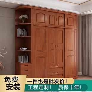 推拉滑移门衣柜带镜子储物大衣橱卧室复古带顶柜衣柜 实木衣柜美式