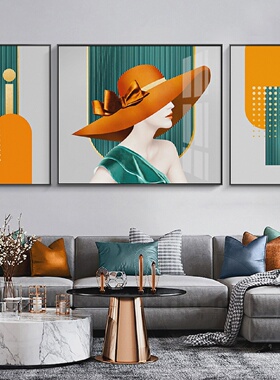 后现代轻奢客厅装饰画三联画抽象橙色人物壁画沙发背景墙背后挂画