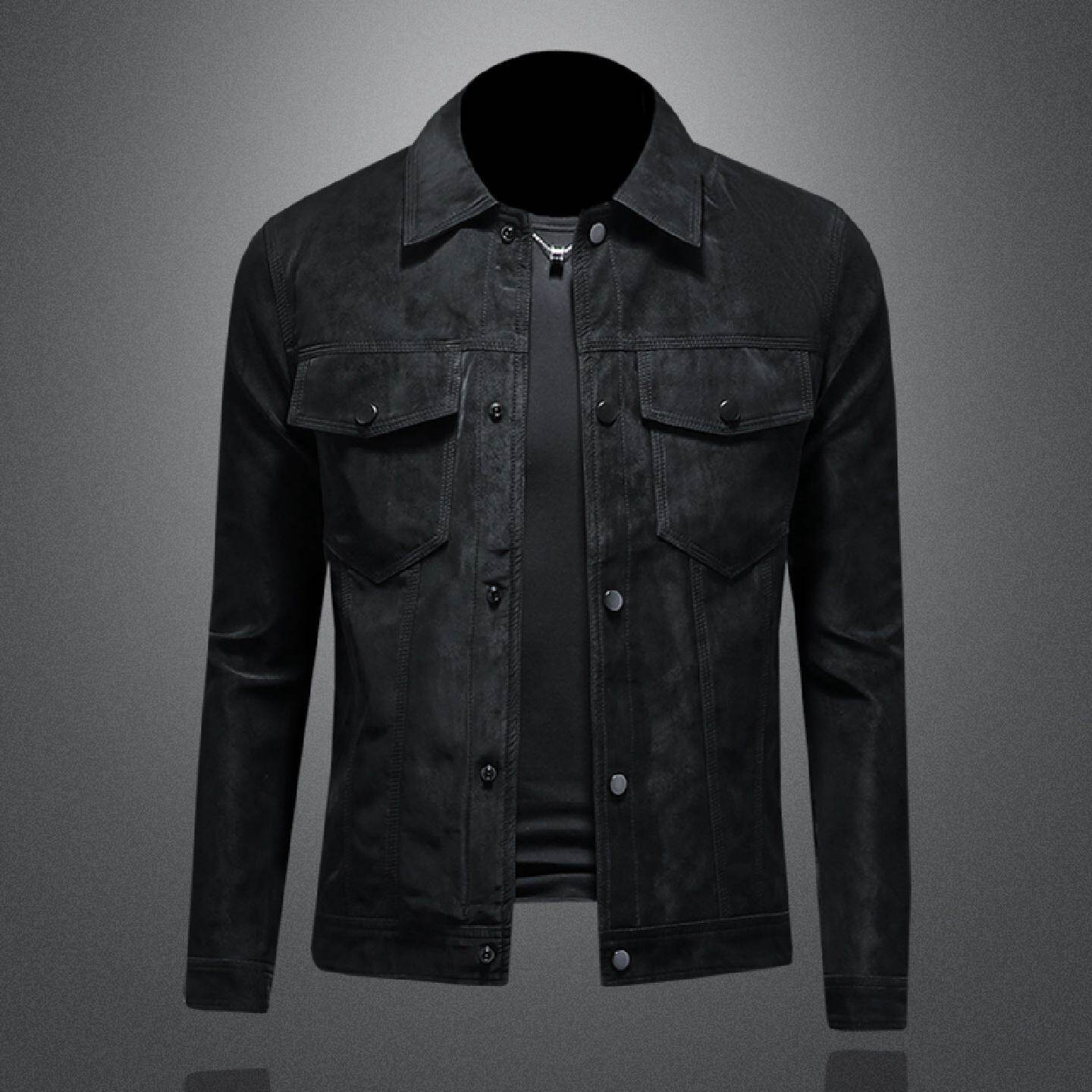 欧洲站翻领皮衣外套男士年新款春秋季潮牌时尚磨砂皮夹克休闲潮男