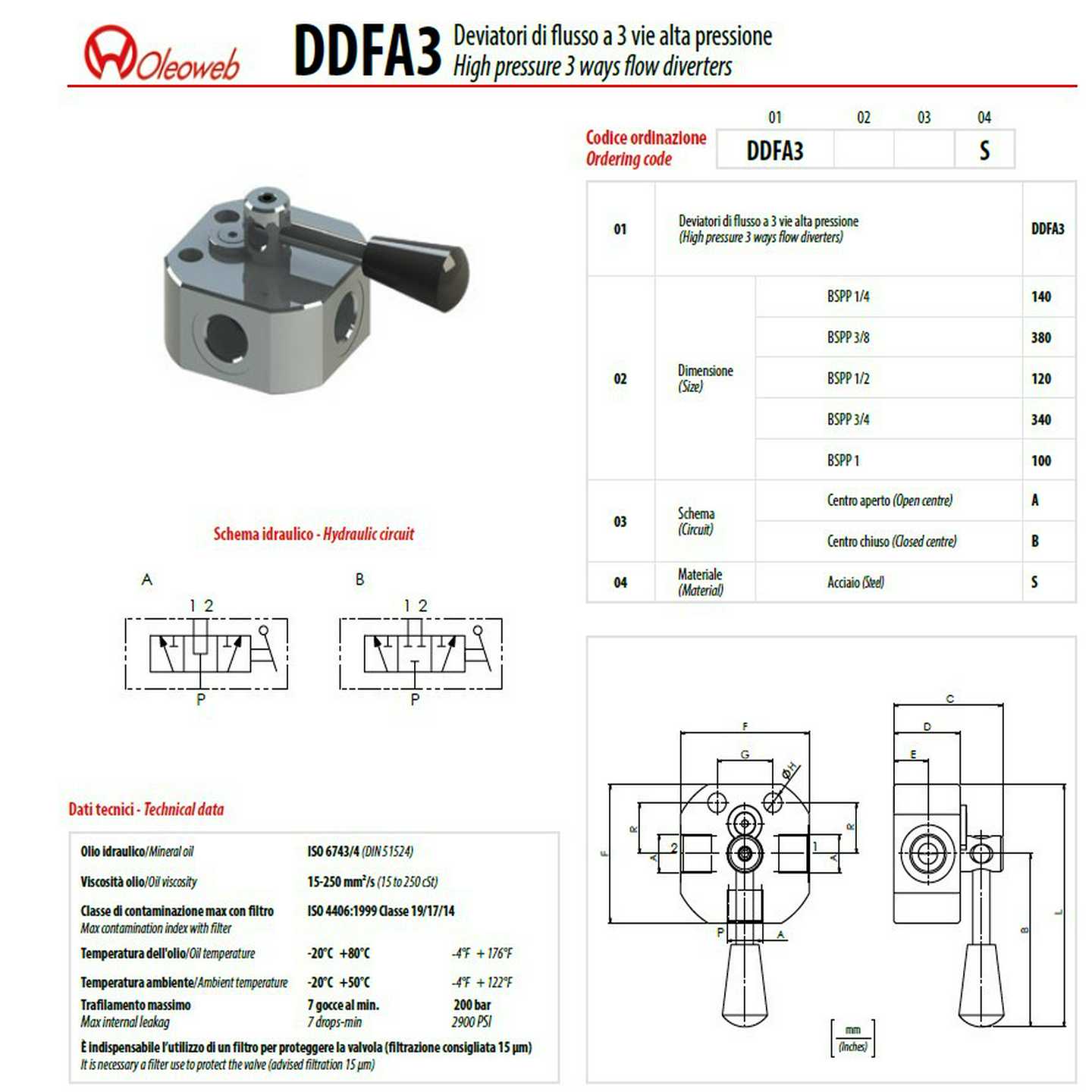 意大利原M装进口oleoweb液压阀手动三通换向阀DDF3SAE12