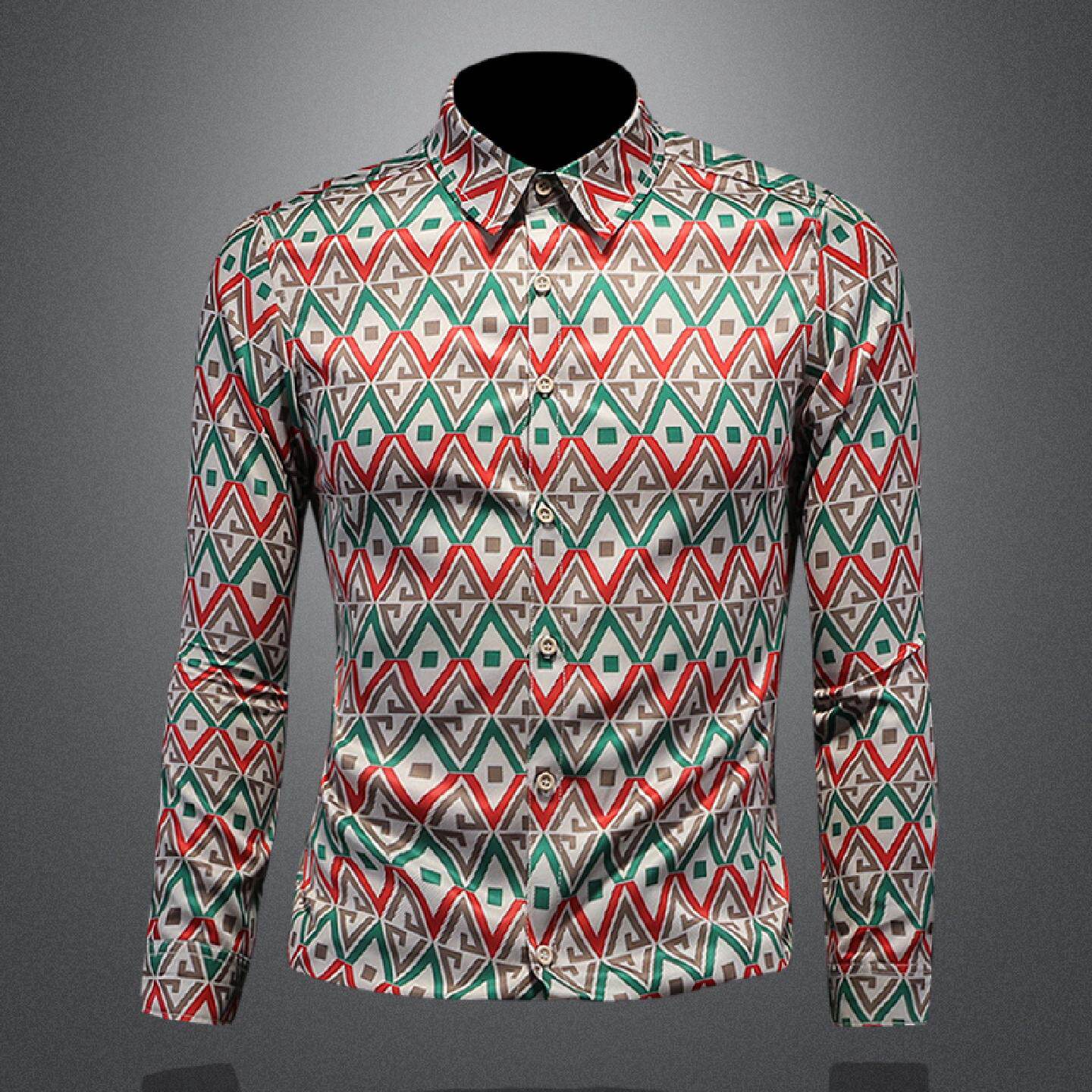 欧洲站长袖衬衫男士春秋季新款潮流印花修身休闲印花大码衬衣潮男