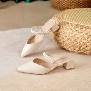 包头半拖鞋女夏季外穿小码女鞋313233夏款尖头懒人鞋中跟粗跟单鞋