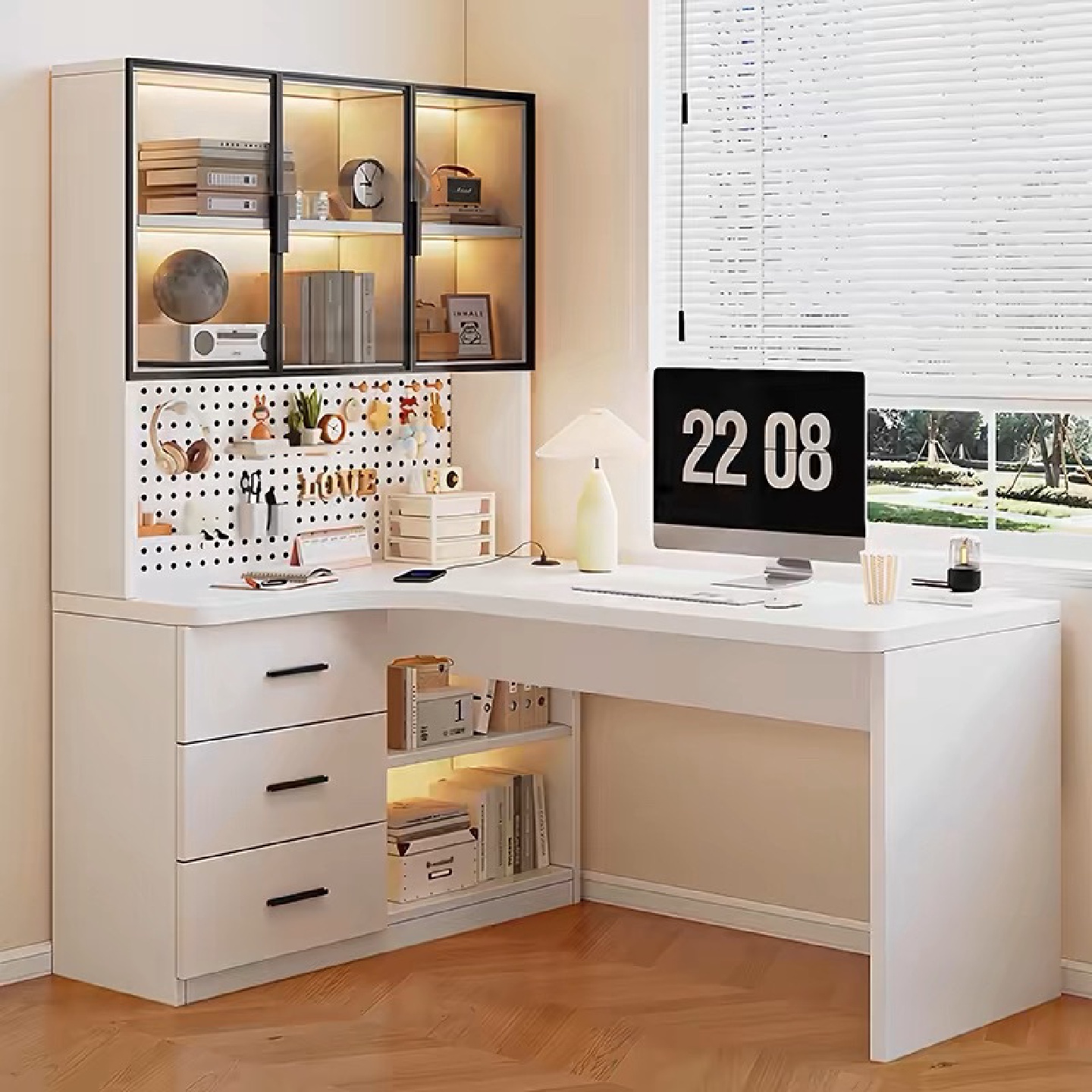 转角书桌洞洞板家用书桌书架书房一体简约轻奢学习桌成套电脑桌子