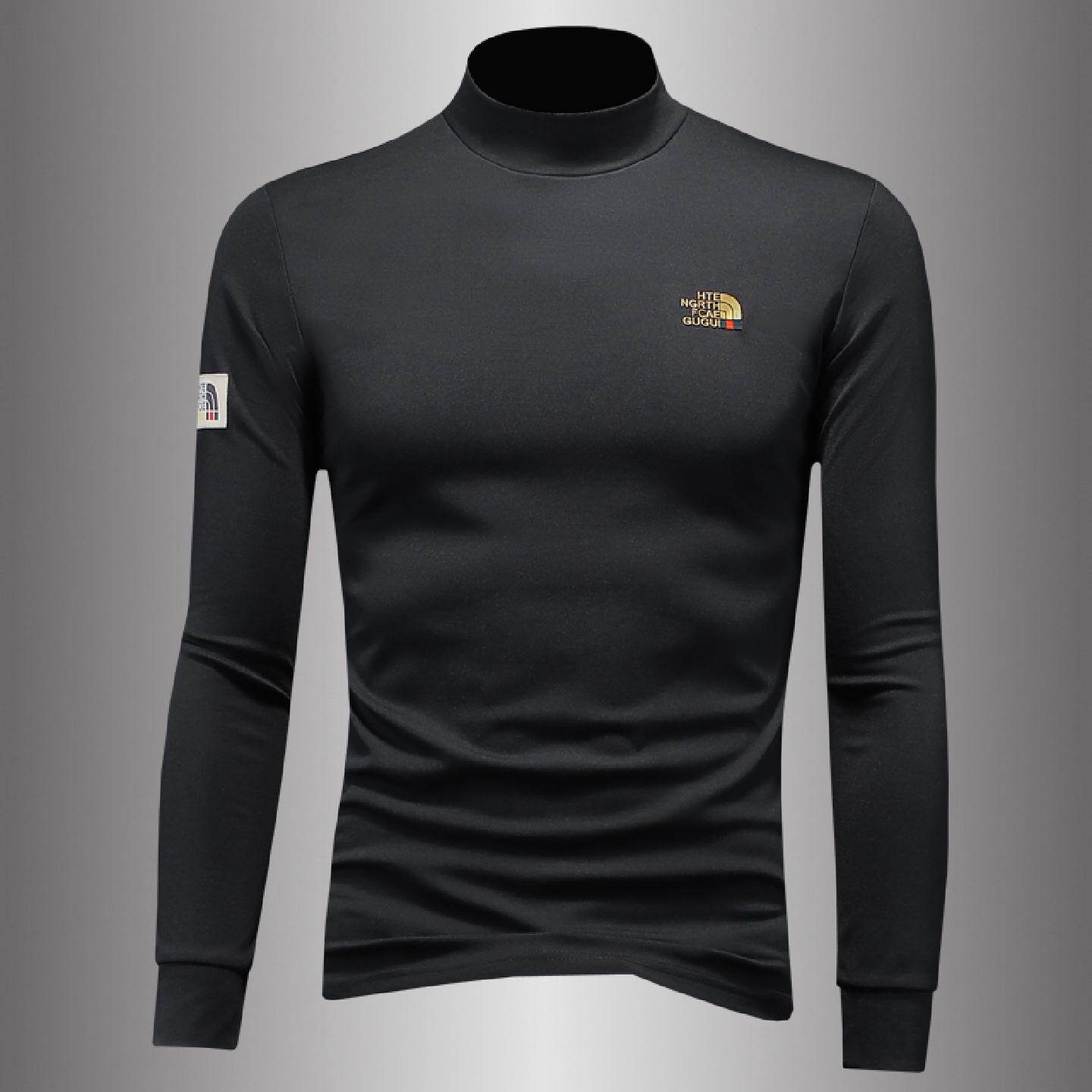 潮牌烫印半高领长袖恤男磨毛打底衫秋冬中领体恤小衫修身薄绒厚潮