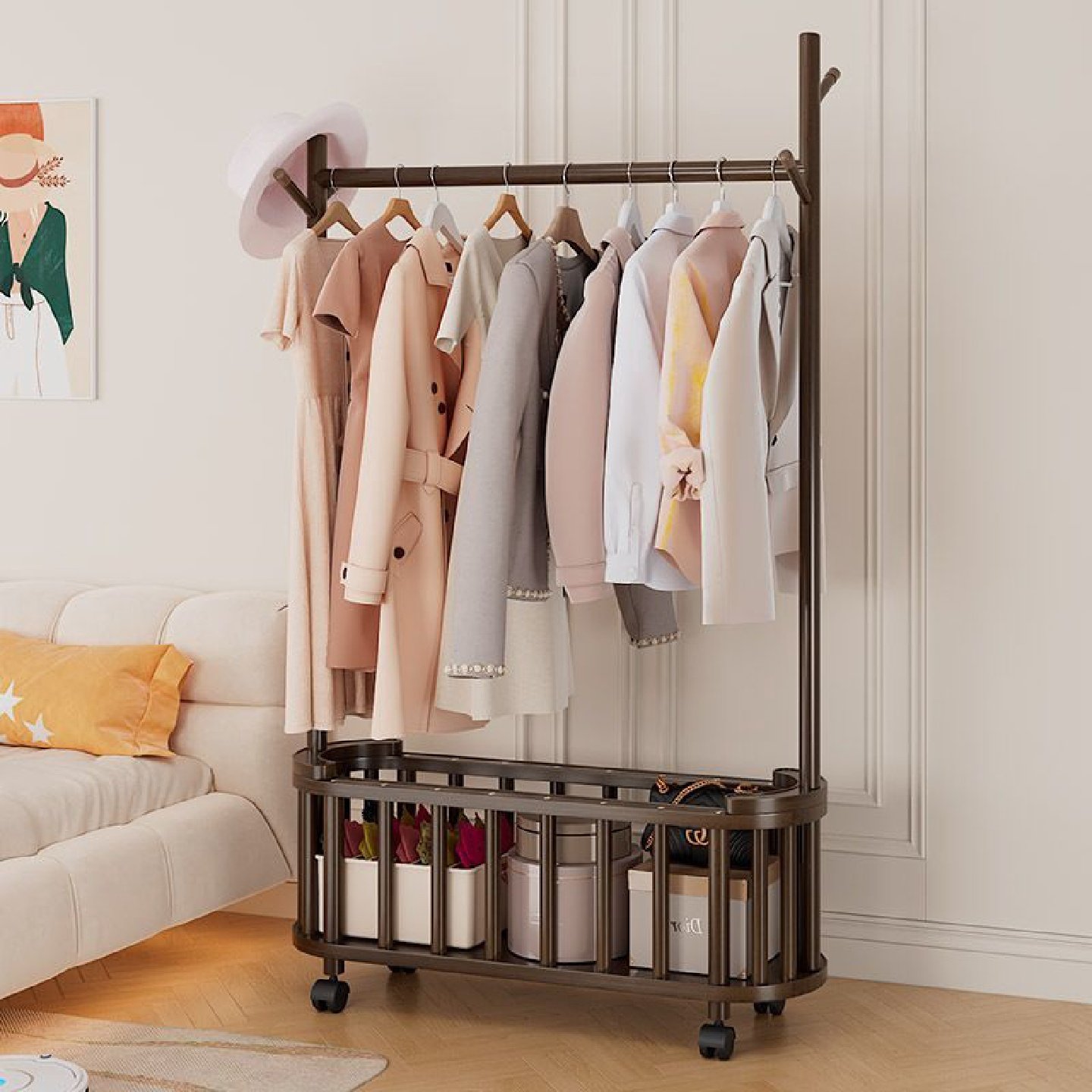 实木衣帽架带脏衣篮落地立式卧室家用可移动带轮置物双层落地衣架,住宅家具,儿童衣帽架,淘宝优惠券,粉丝福利购,淘宝优惠卷